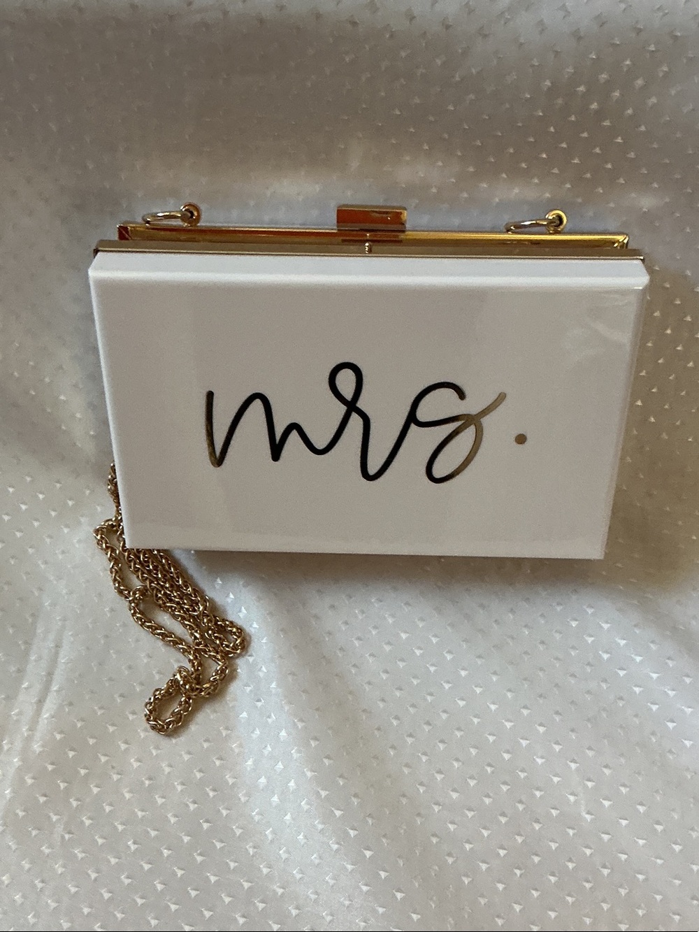 Mod Ref White Acrylic 'mrs.' Box Clutch with Gold Chain